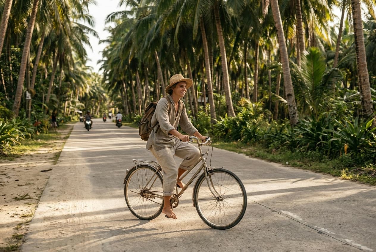 Cycling the coconut palm-lined road in General Luna, Siargao
